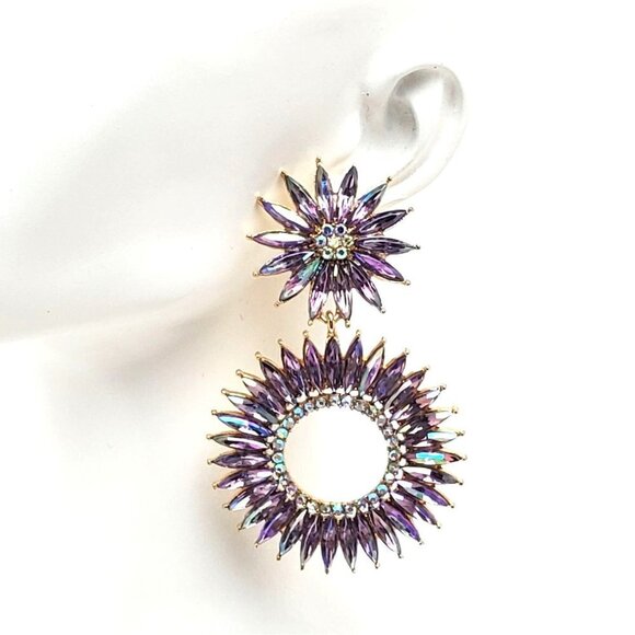 Amethyst Rhinestone Faceted Starburst Floral Statement Gold Tone Post Earrings - Picture 1 of 5